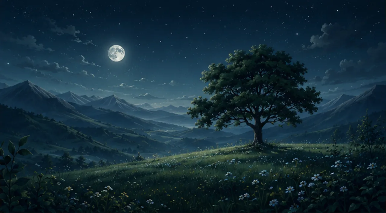 A painted grove of trees under a calm night sky